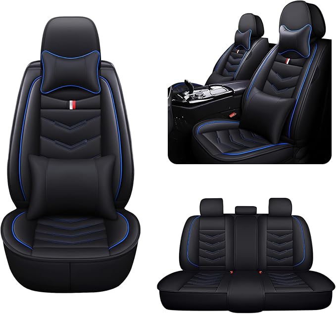 MVRVMV Seat Covers for Ford F-250 2010-2026, Waterproof Leather Auto Seat Cover with 2* Neck Pillow and 2* Lumbar Support (5 Seat Luxury,Black-Blue)