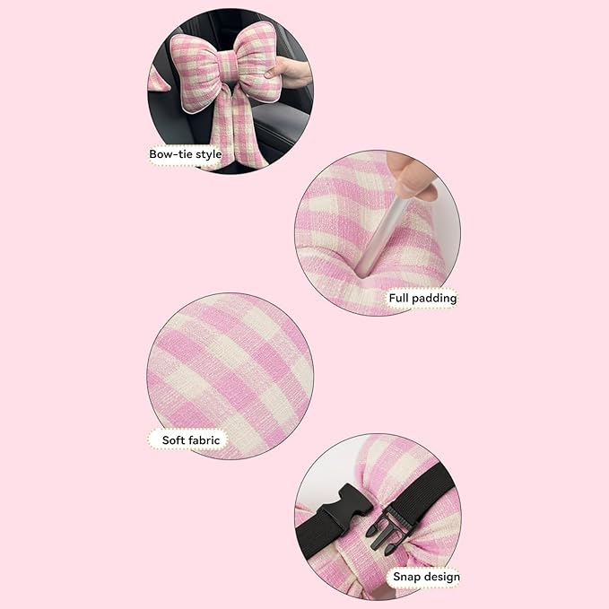 Car Accessories Plaid Bow Headrest Lumbar Pillow 4PCs Set Cotton Linen Elegant Soft Car Seat Cushions for Daily Commuting Trave (Black Plaid,Lumbar Pillow 2pcs)