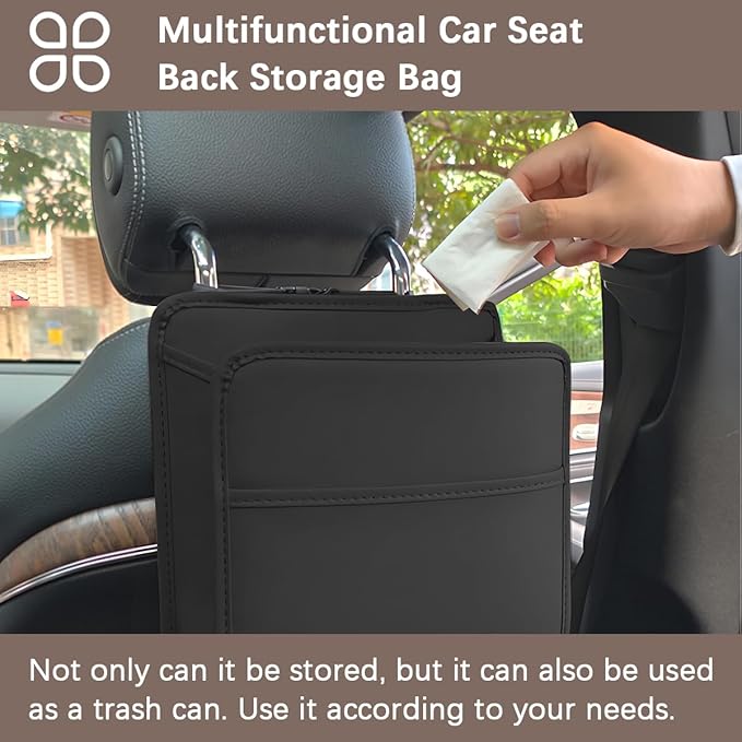 Car Seat Back Organizer, Leather Multipurpose Hanging Vehicle Backseat Headrest Storage Bag, Automotive Pouch Pocket Organizer for Kids & Adults, Universal for Truck SUV Sedan (White)