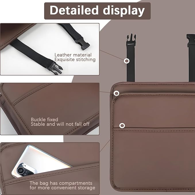 Car Seat Back Organizer, Leather Multipurpose Hanging Vehicle Backseat Headrest Storage Bag, Automotive Pouch Pocket Organizer for Kids & Adults, Universal for Truck SUV Sedan (Brown)