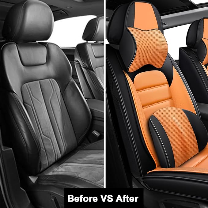 AREKA 2 Car Seat Covers for Honda Civic 2002-2026 Breathable Leather,Waterproof Car Seat Protectors with Comfort Headrest Pillows,Automotive Vehicle Cushion with Storage Pockets (Luxury,Orange)