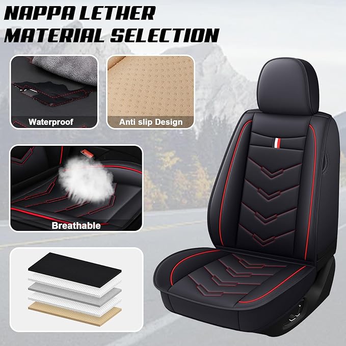 MVRVMV for Ford Ranger 2005-2026 Seat Covers, Waterproof Leather Seat Cover (5 Seat Standard,Black-Red)