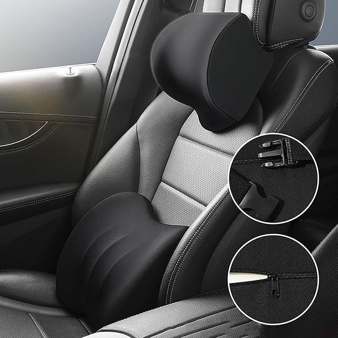 Car Headrest & Lumbar Support Cushion for Honda CRV 2023 2024 2025, Ergonomic Car Seat Headrest Memory Foam Neck and Back Pillow Kit Breathable Removable for Driving Fatigue Relief,A/Black