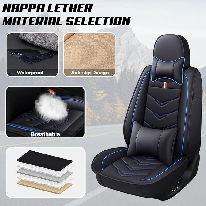MVRVMV Seat Covers for Ford Explorer 2007-2026, Waterproof Leather Auto Seat Cover with 2* Neck Pillow and 2* Lumbar Support (2 Seat Luxury,Black-Blue)