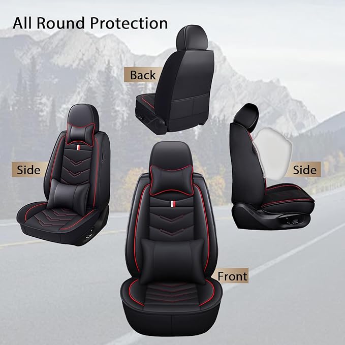 MVRVMV for Ford Mustang 2006-2026 Seat Covers, Waterproof Leather Seat Cover with 2* Neck Pillow and 2* Lumbar Support (5 Seat Luxury,Black-Red)