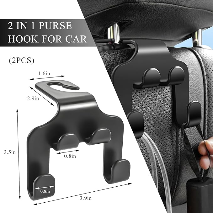 2 PCS Car Seat Headrest Hooks, 2 in 1 Auto Backseat Hanger Thickened Headrest Storage Hook, Universal Vehicle Seat Back Organizer for Purses Handbags Coats Grocery Bags