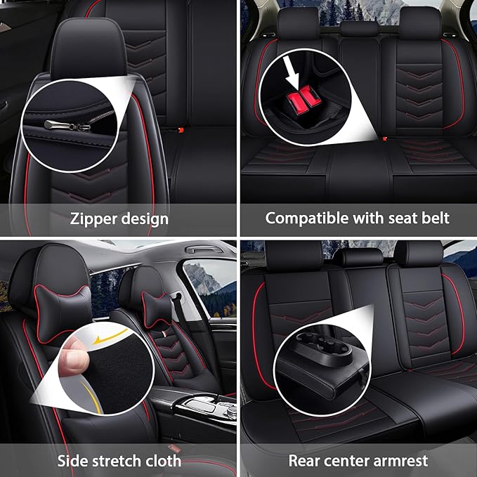 MVRVMV for Ford Explorer 2007-2026 Seat Covers, Waterproof Leather Seat Cover with 2* Neck Pillow and 2* Lumbar Support (5 Seat Luxury,Black-Red)