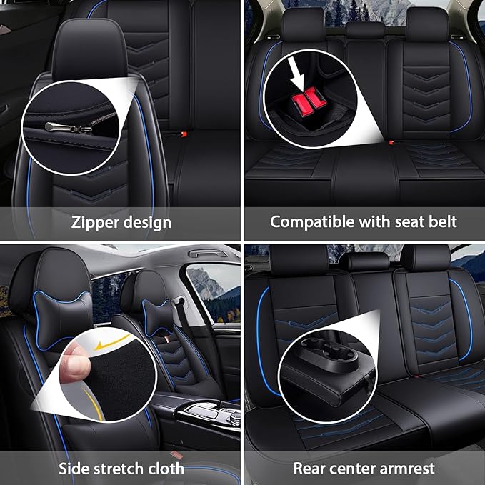 MVRVMV Seat Covers for Ford Maverick 2022-2026, Waterproof Leather Auto Seat Cover with 2* Neck Pillow and 2* Lumbar Support (5 Seat Luxury,Black-Blue)