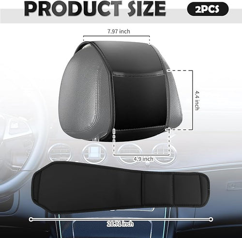 2PCS Multi-Purpose Car Headrest Covers with Pocket Design,Car Headrest Cover for Seat Back Organizer Storing Phone Cards,Universal Leather Head Rest Cover for Interior Decoration