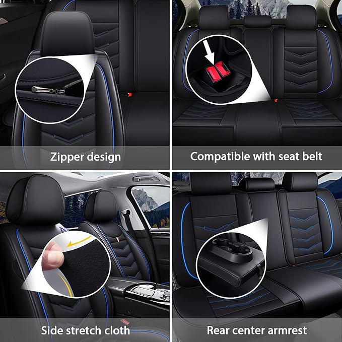 MVRVMV Seat Covers for Ford Escape 2005-2026, Waterproof Leather Auto Seat Cover (5 Seat Standard,Black-Blue)