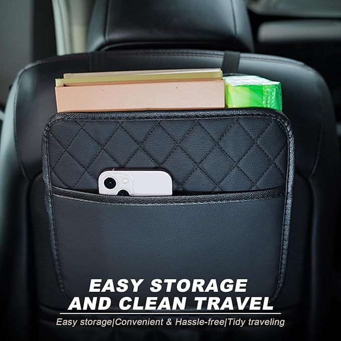 2 PCS Car Seat Back Organizer, Large Capacity Foldable Car Seat Back Hanging Bag with 3 Extra Pockets, Waterproof Leather Auto Seats Storage Organizer, Car Travel Essentials Accessories (Black)