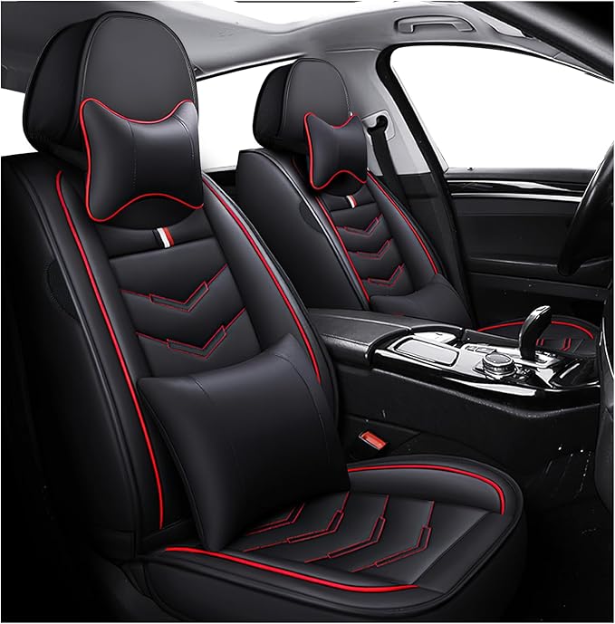 MVRVMV for Ford Edge 2007-2024 Seat Covers, Waterproof Leather Seat Cover with 2* Neck Pillow and 2* Lumbar Support (2 Seat Luxury,Black-Red)