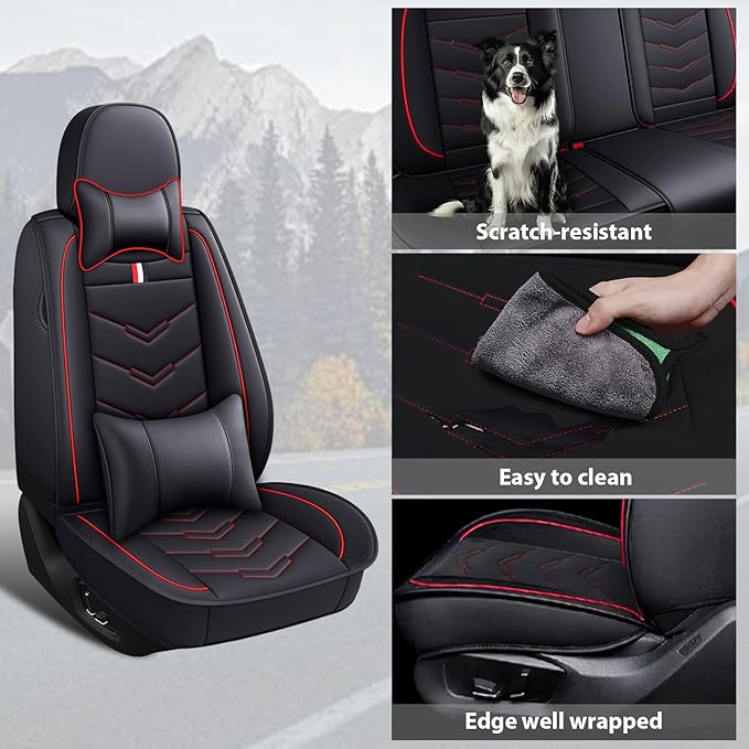MVRVMV for Ford Edge 2007-2024 Seat Covers, Waterproof Leather Seat Cover with 2* Neck Pillow and 2* Lumbar Support (2 Seat Luxury,Black-Red)