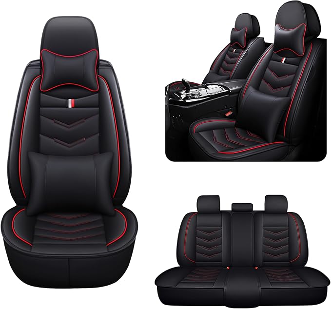 MVRVMV for Ford Expedition 2007-2026 Seat Covers, Waterproof Leather Seat Cover with 2* Neck Pillow and 2* Lumbar Support (5 Seat Luxury,Black-Red)