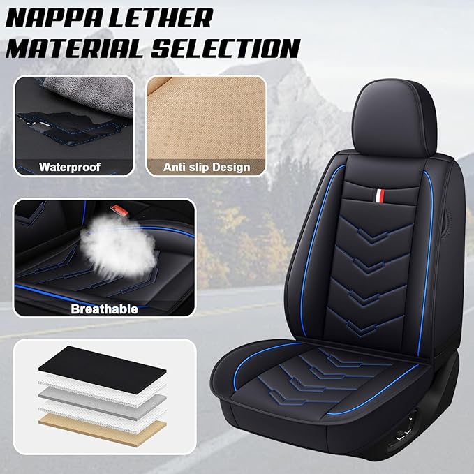 MVRVMV Seat Covers for Ford F-150 2010-2026, Waterproof Leather Auto Seat Cover (2 Seat Standard,Black-Blue)