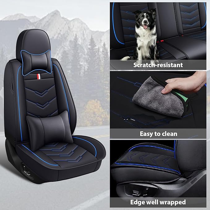 MVRVMV Seat Covers for Ford Ranger 2005-2026, Waterproof Leather Auto Seat Cover with 2* Neck Pillow and 2* Lumbar Support (2 Seat Luxury,Black-Blue)
