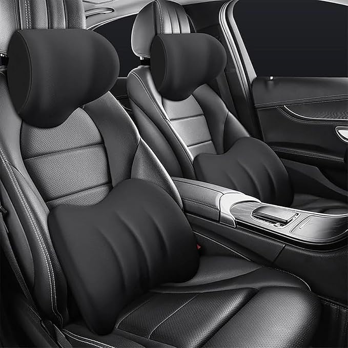 Car Headrest & Lumbar Support Cushion for Honda CRV 2023 2024 2025, Ergonomic Car Seat Headrest Memory Foam Neck and Back Pillow Kit Breathable Removable for Driving Fatigue Relief,A/Black