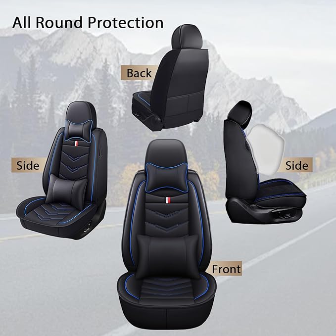 MVRVMV Seat Covers for Ford F-150 2010-2026, Waterproof Leather Auto Seat Cover with 2* Neck Pillow and 2* Lumbar Support (2 Seat Luxury,Black-Blue)