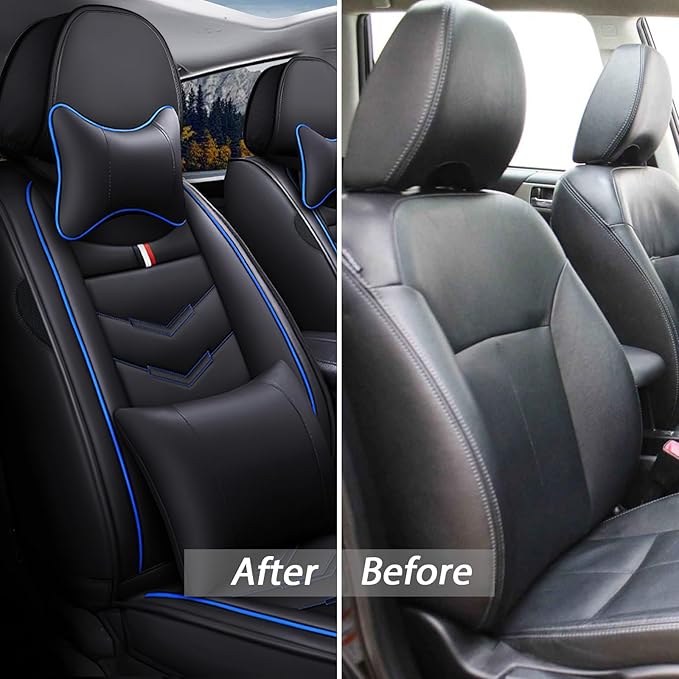 MVRVMV Seat Covers for Ford Edge 2007-2024, Waterproof Leather Auto Seat Cover with 2* Neck Pillow and 2* Lumbar Support (5 Seat Luxury,Black-Blue)