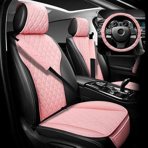 BaoLL 2PCs Front Car Seat Covers, Leather Seat Covers with Steering Wheel Cover and Two Seat Belt Pads, Waterproof Seat Covers for Cars Universal Fit 95% Vehicles (Pink)